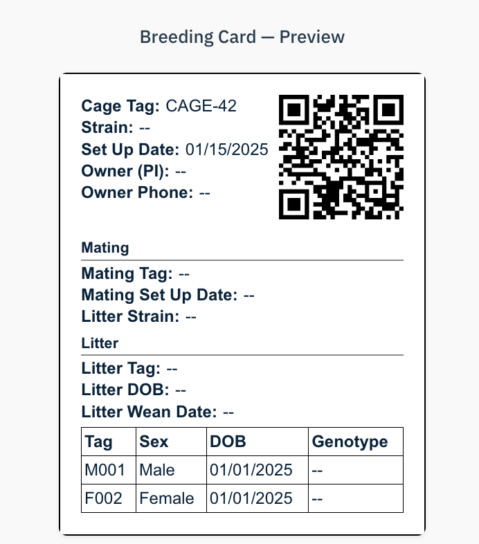 Customizable Moustra breeding card preview with cage tag, QR code, mating, litter, and per-animal fields