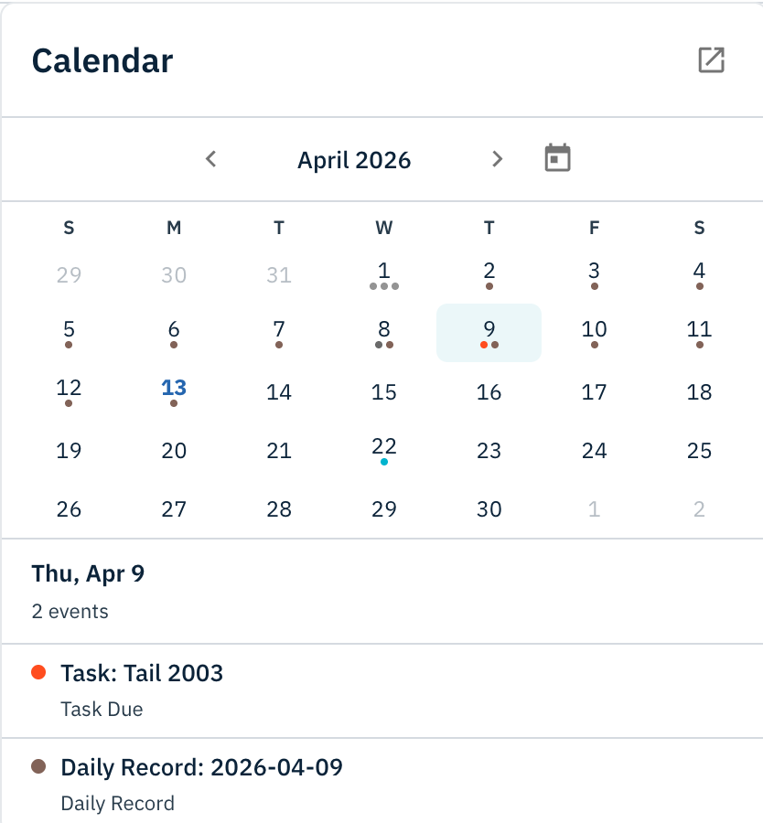 Moustra calendar showing breeding and task events