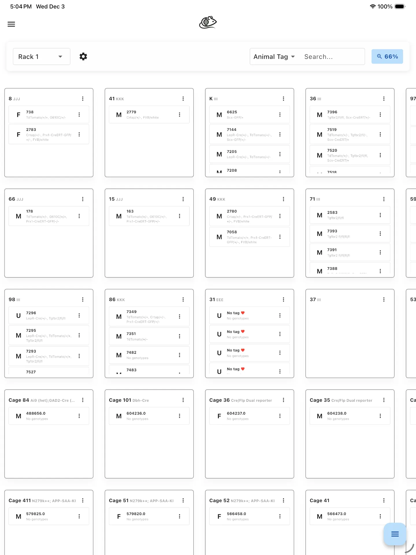 Moustra Mobile App - Cage Grid View