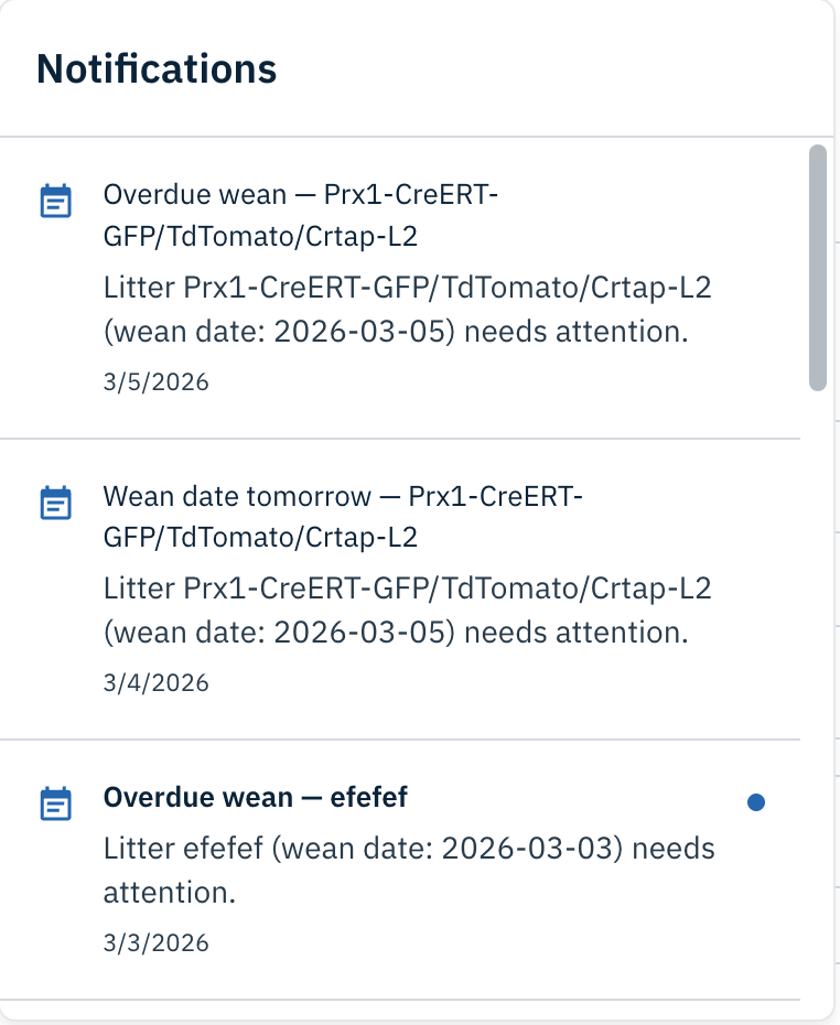 Moustra notifications panel with wean reminders