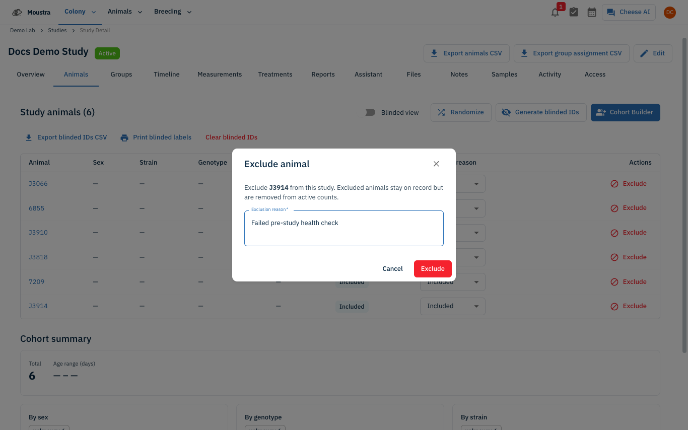 Screenshot for Exclude an animal from the study (optional)