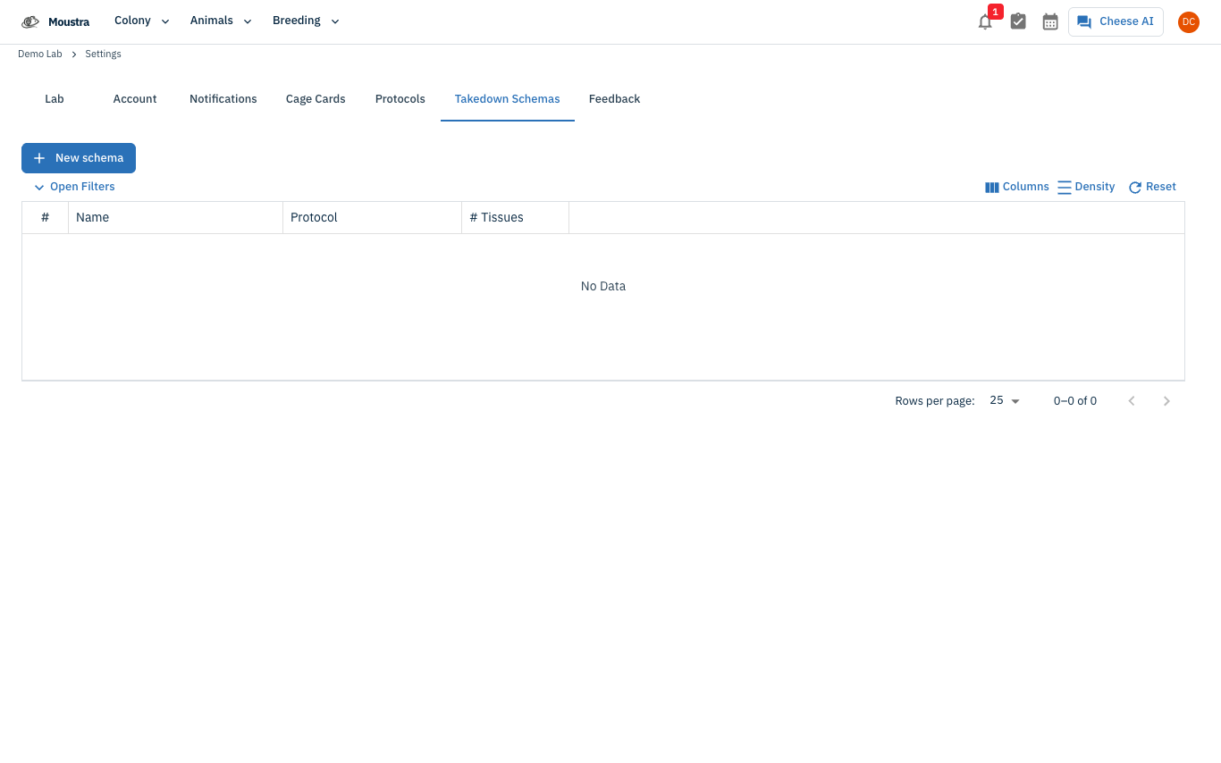 Screenshot for Create or confirm a Takedown Schema in Settings