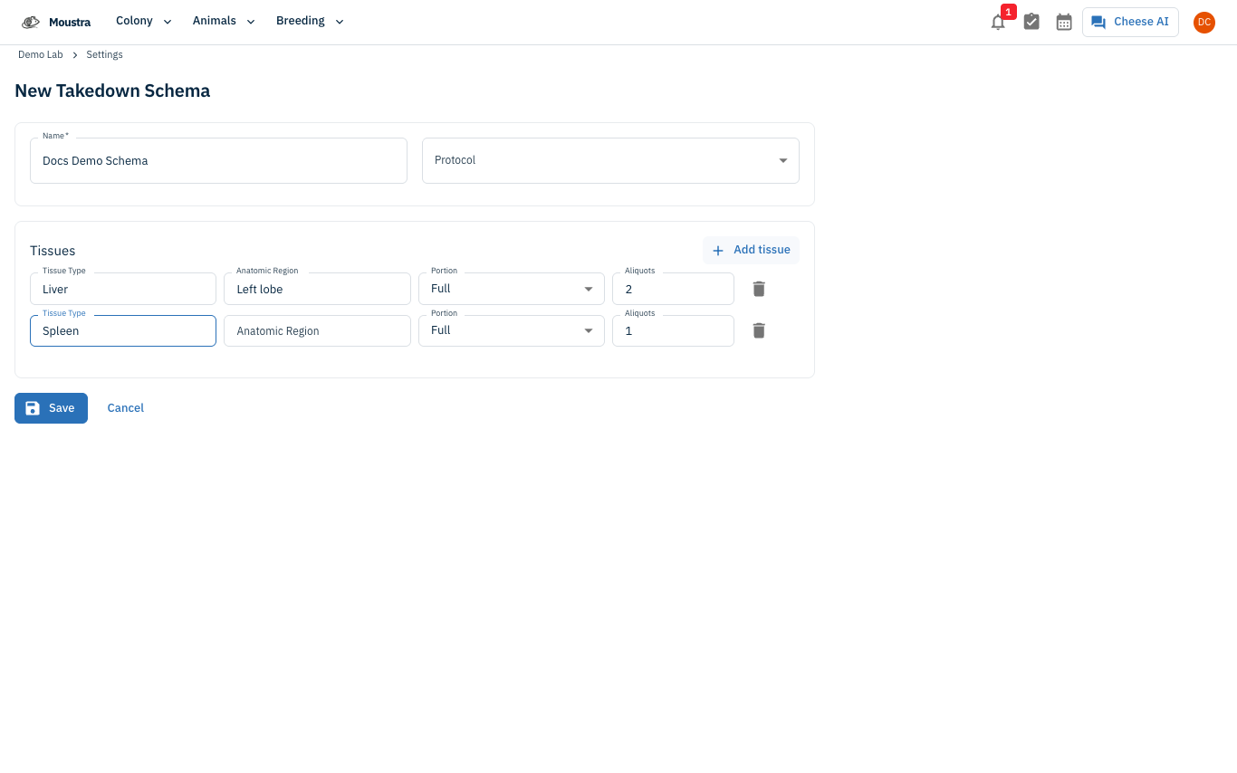 Screenshot for Name the schema and add tissue rows