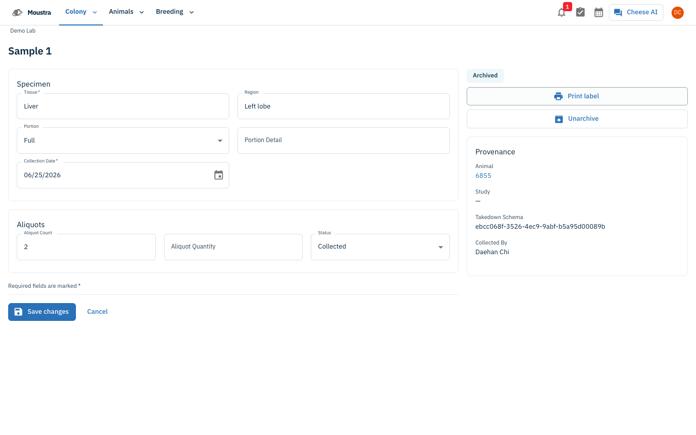 Screenshot for Open a sample to edit details, print a label, or archive it