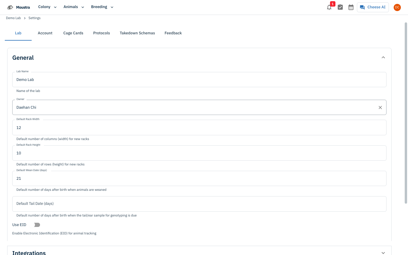 Screenshot for Open Settings → Lab → Integrations
