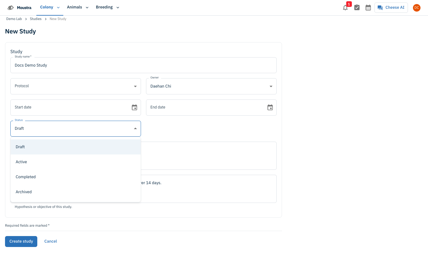 Screenshot for Fill in the study details