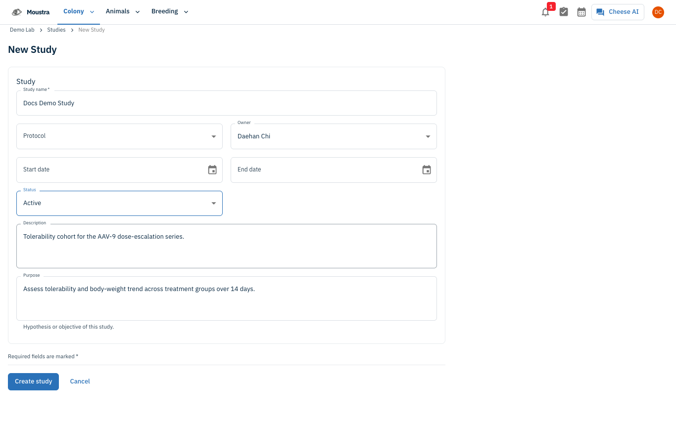 Screenshot for Create the study
