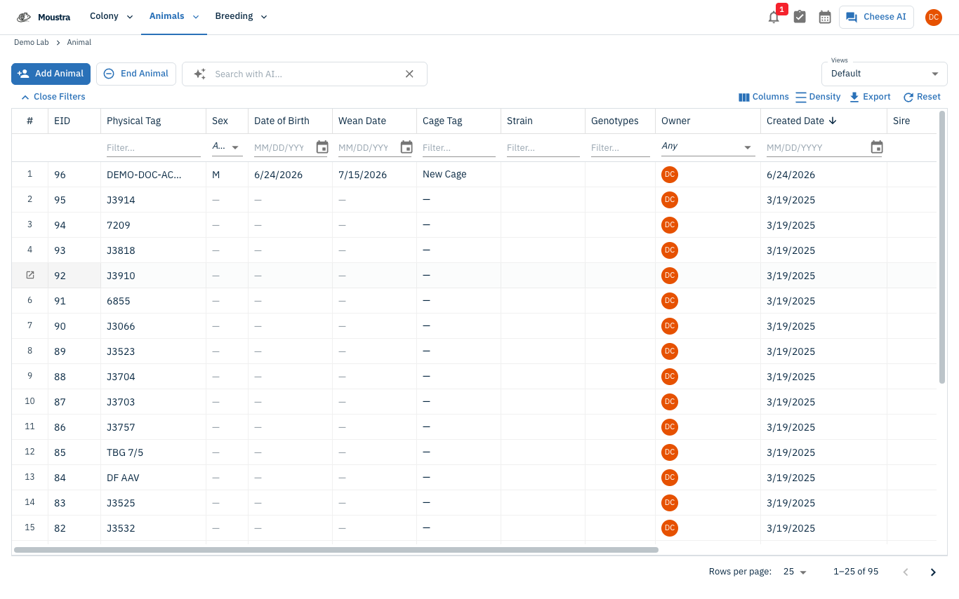 Screenshot for Open the Animals list