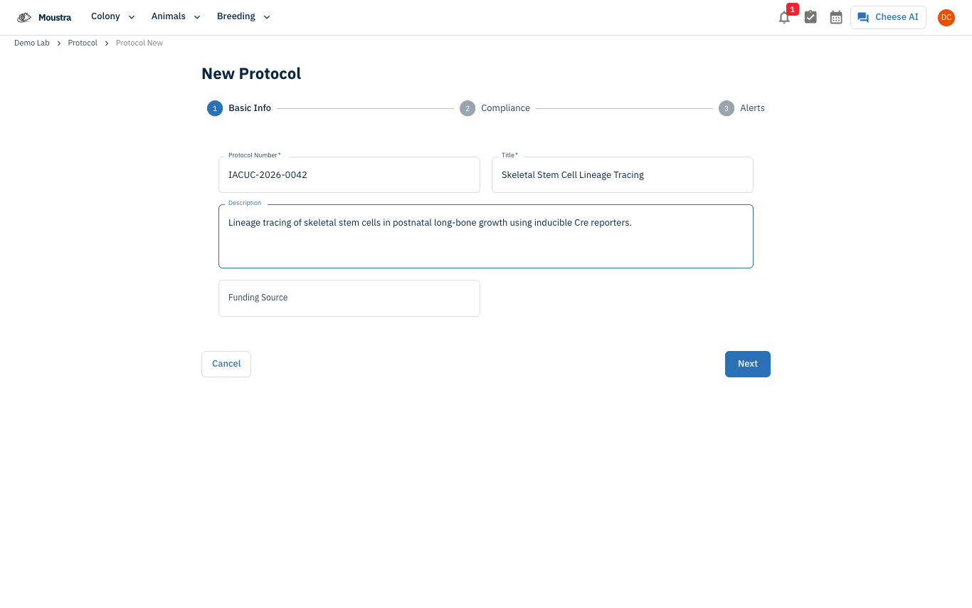 Screenshot for Start a new protocol — Basic Info