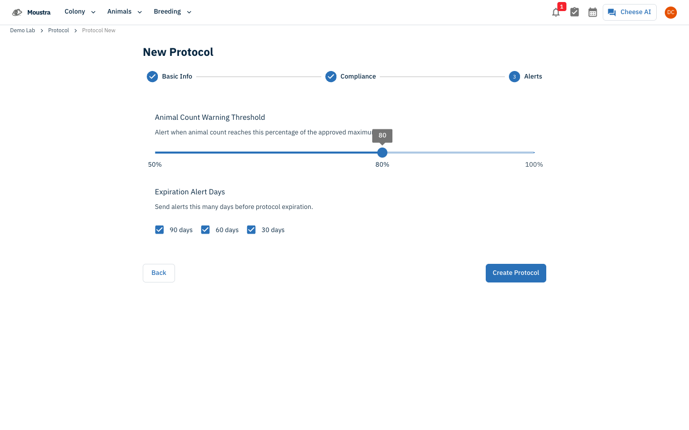 Screenshot for Set alerts and create the protocol