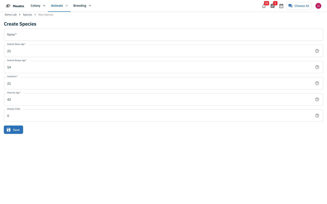 Screenshot for Add a new species