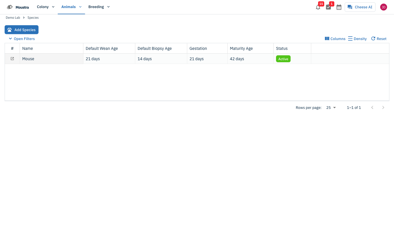 Screenshot for Open an existing species