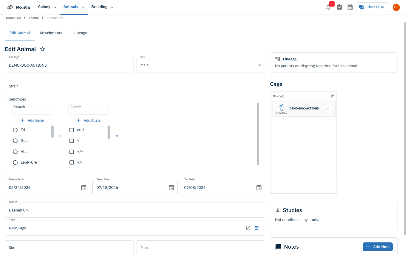 Screenshot for Open the animal's Edit page