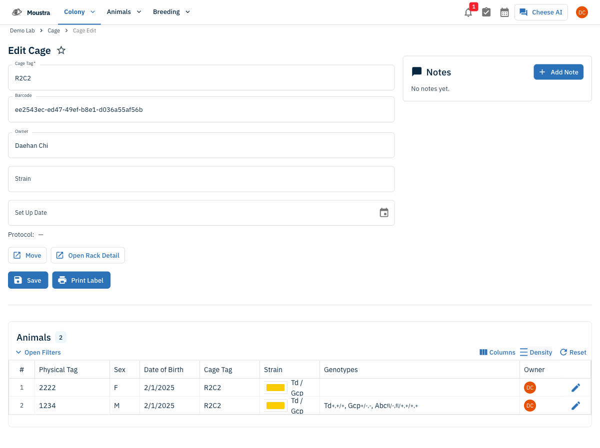 Screenshot for Open the cage and click Print Label