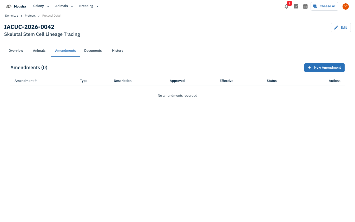 Screenshot for Open the Amendments tab