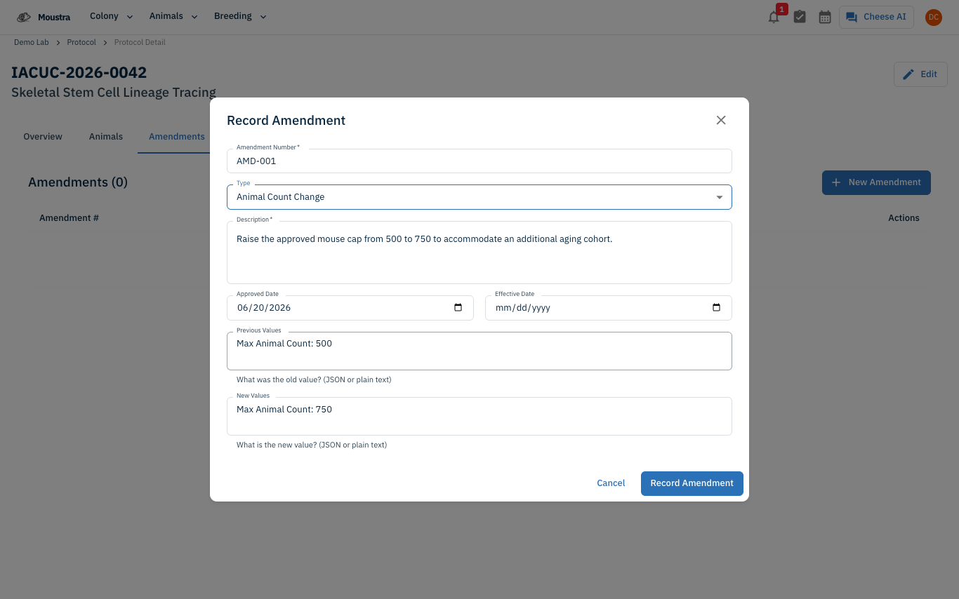 Screenshot for Record a new amendment