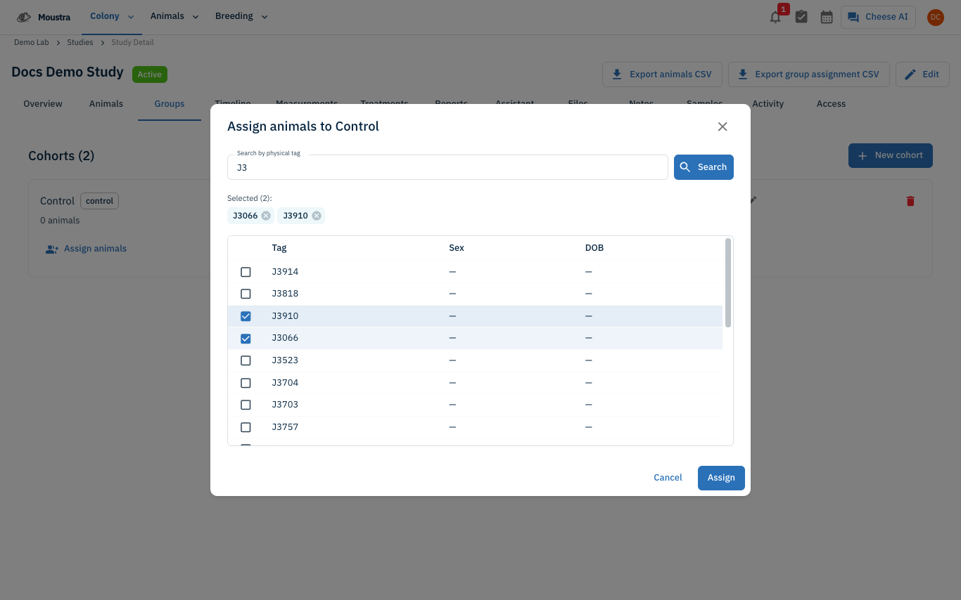 Screenshot for Assign animals to the cohort