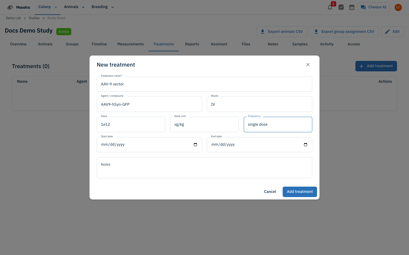 Screenshot for Add a treatment (Treatments tab)