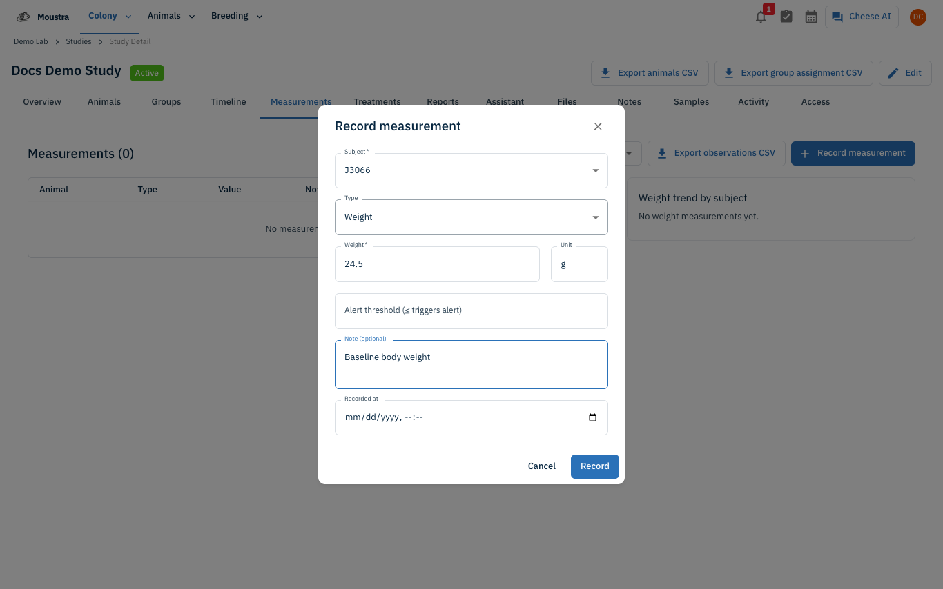 Screenshot for Record a measurement (Measurements tab)