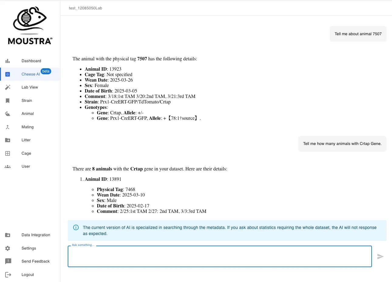 Moustra Cheese AI chat interface showing colony optimization suggestions