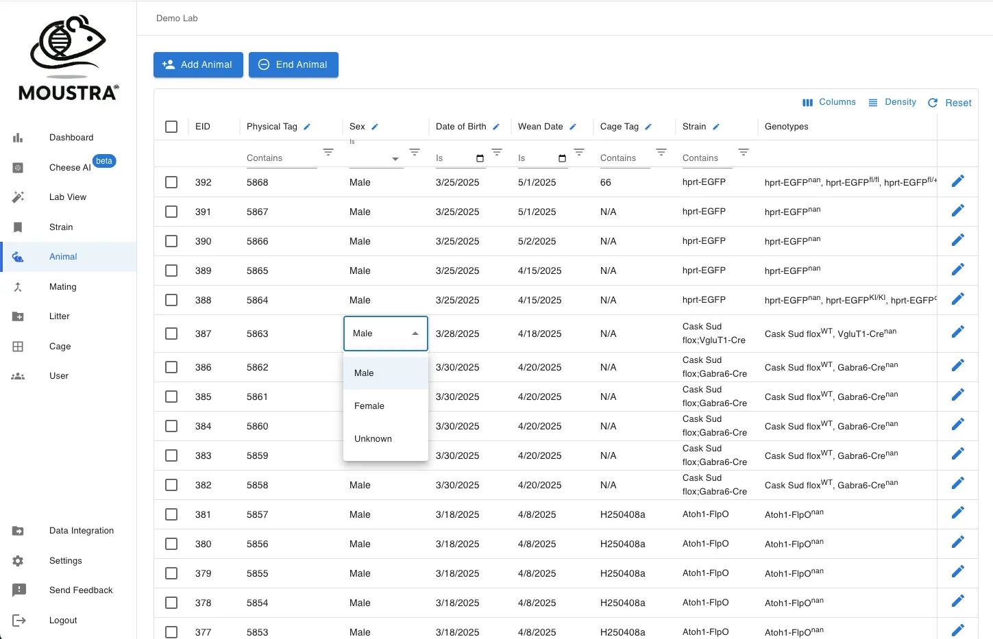 Moustra Excel-like spreadsheet interface for colony data management